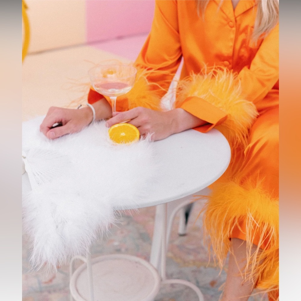 Bon Viviann Tangerine Satin Pajamas with Feather Trim